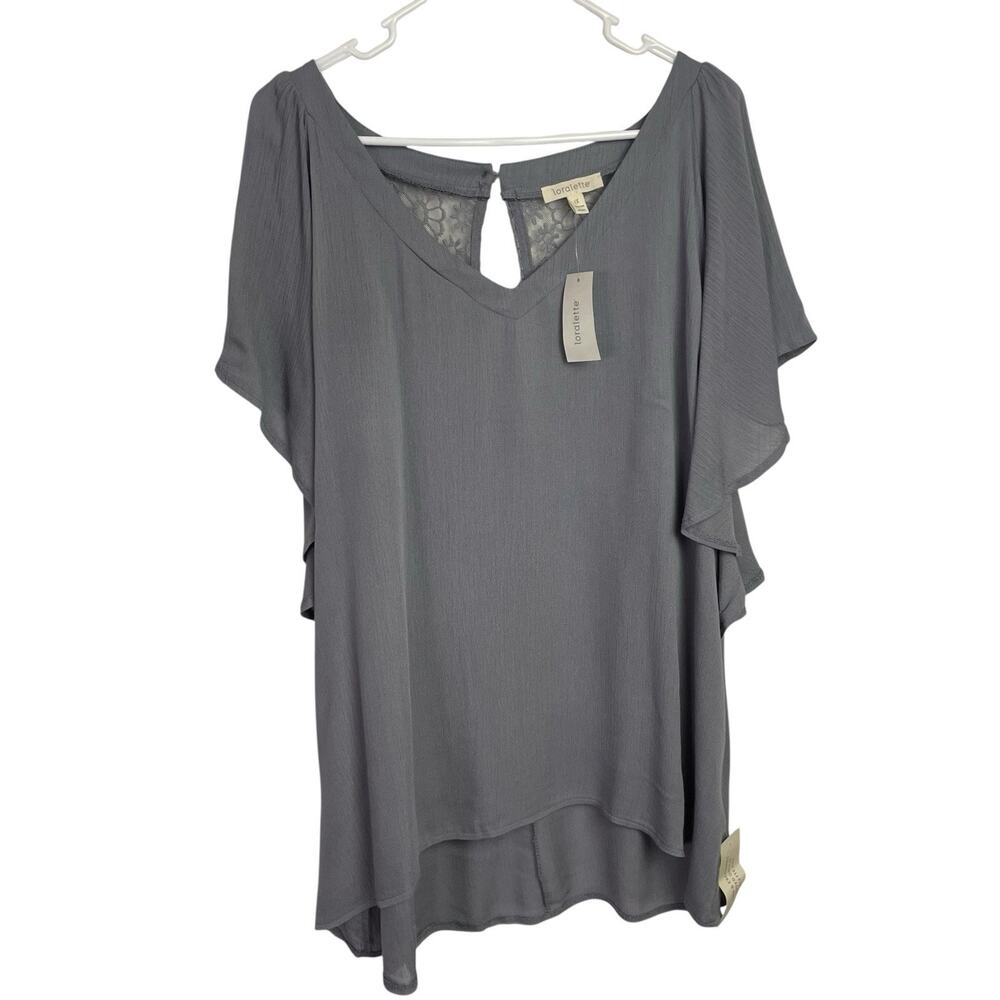 NWT Loralette Womens Tunic Top Blouse Sz 1X Gray V Neck Flutter Sleeve Flowy $44